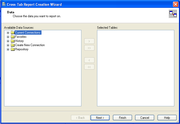 Crystal Reports のデータソースを選択