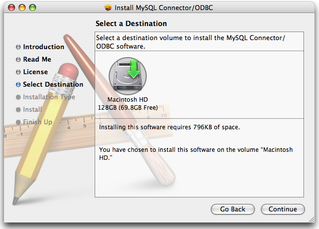 Connector/ODBC Mac OS X Installer - Choosing a destination