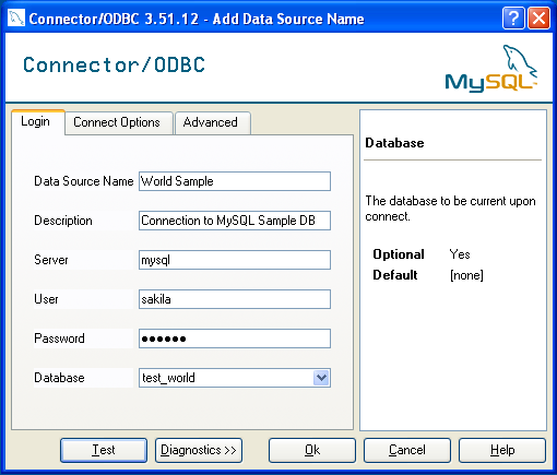 MySQL ODBC DSN Configuration ダイアログ サンプル