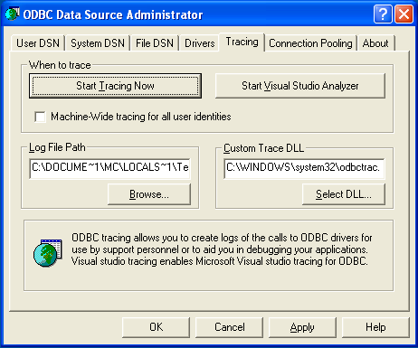 ODBC Data Source Administrator Tracing ダイアログ